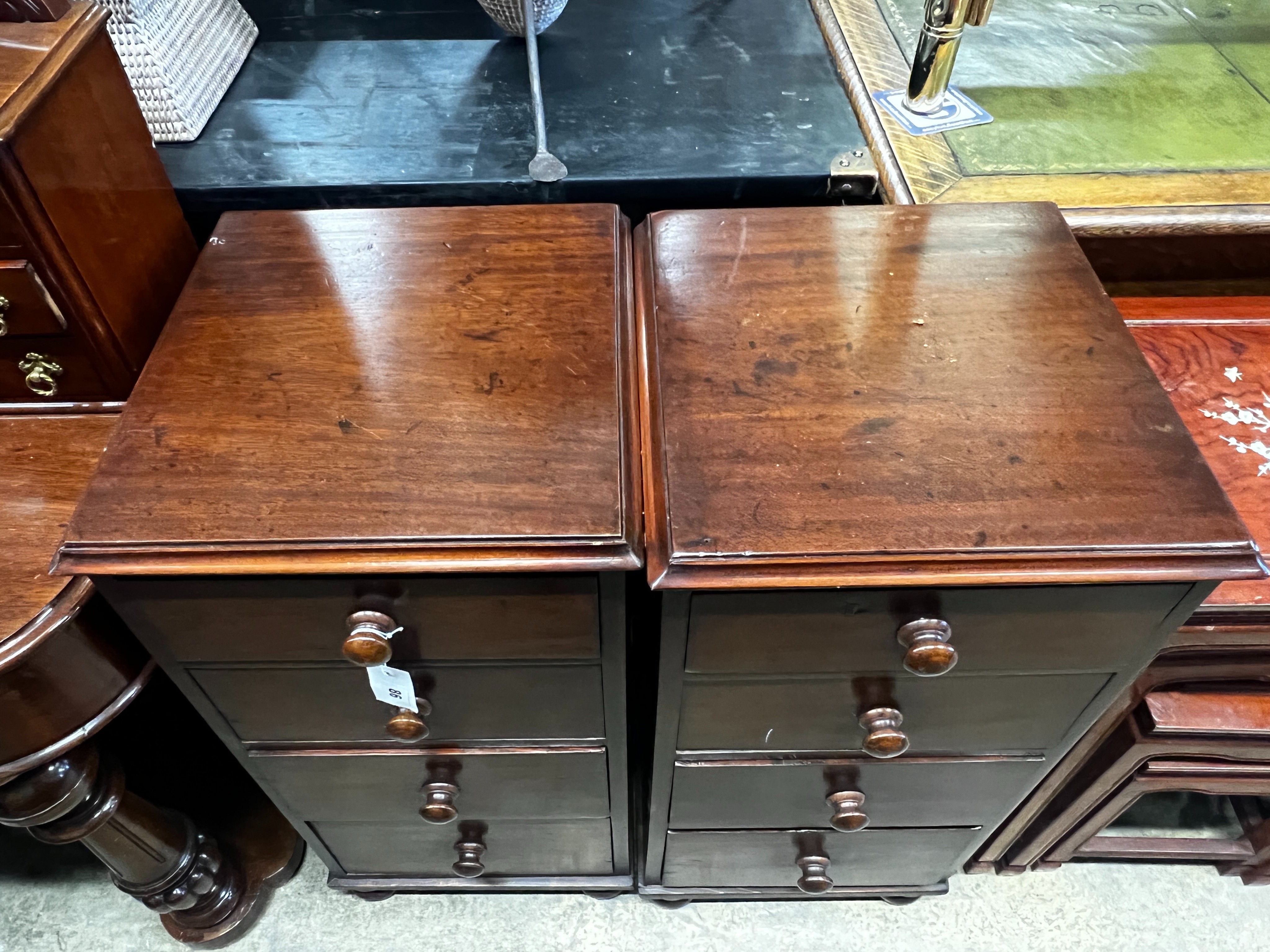 A pair of Victorian mahogany square four drawer bedside chests, (altered), 39cm, height 77cm